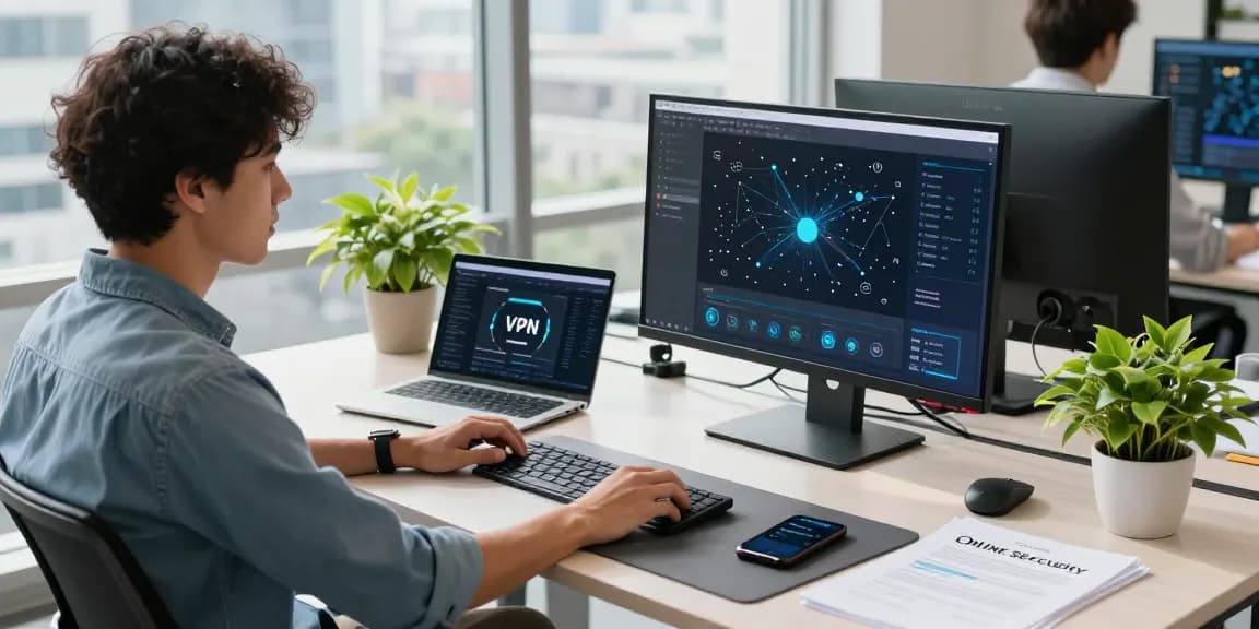 Enhance your online security with 快连 in a modern tech workspace.