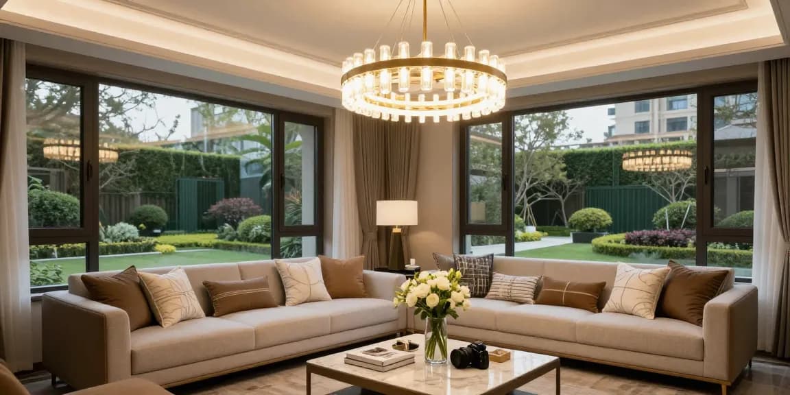 Candelabru living elegant în sufragerie modernă, luminând ambientul cu rafinament.