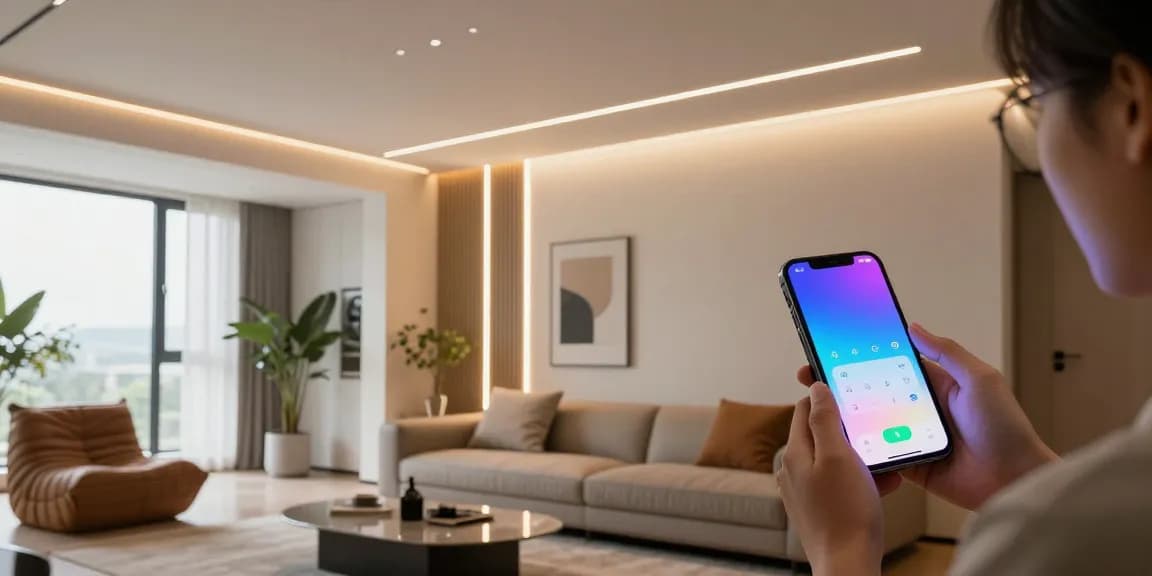 Aplica LED utilizată în iluminatul interior, arătând setări personalizate pentru stilul de viață modern.