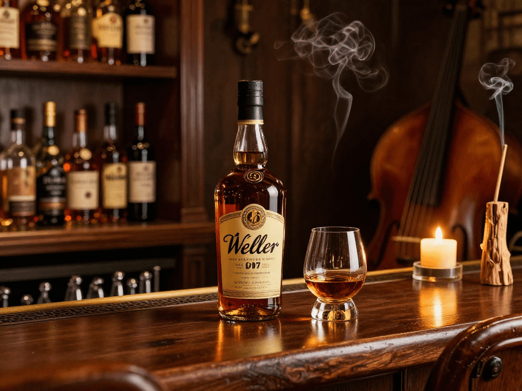 Weller Antique 107 Bourbon showcased in an elegant bar setting with candlelight.