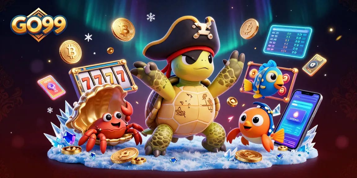 Engage with GO99 as the pirate turtle reveals treasure in a vibrant casino scene full of action.