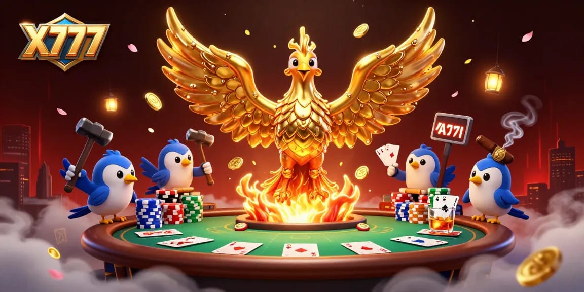 X777 offers thrilling poker action with a molten phoenix, chips, and cards illuminating the scene.