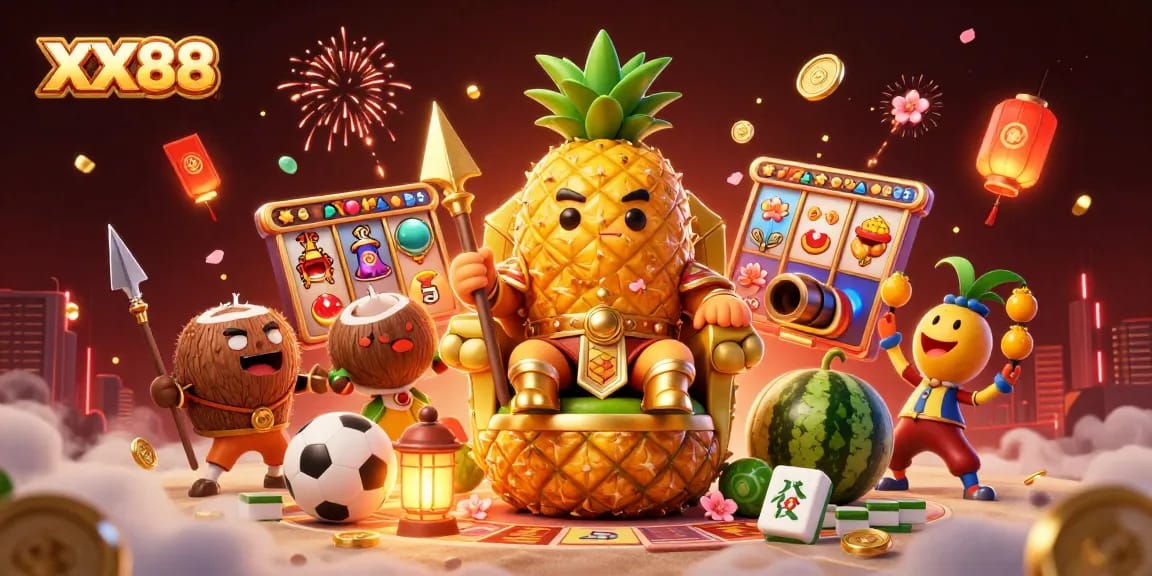 Engage with exciting games at XX 88 featuring a tropical casino scene with vibrant characters and elements.