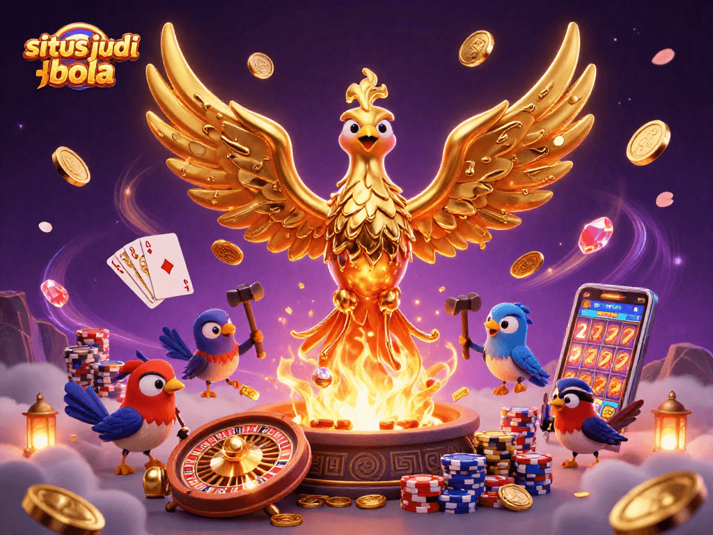 Experience the thrill of situs judi bola with a dazzling 3D phoenix and gaming elements.