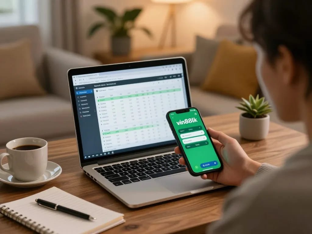 Engaging in online sports betting with vin88lk app in a cozy home setting.