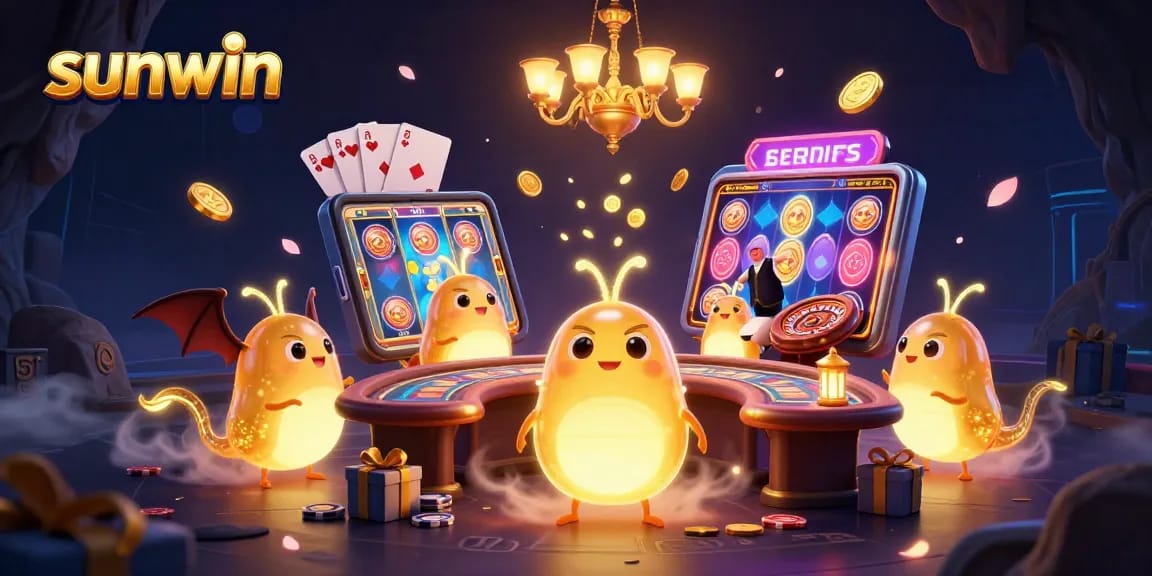 Experience the excitement of sunwin with vibrant glowworms lighting up a casino scene.