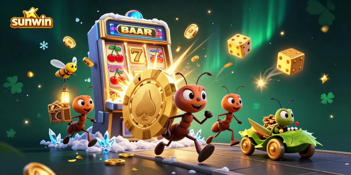 Experience the thrill with sunwin as cartoon ants heist with a giant poker chip in a lively casino scene.