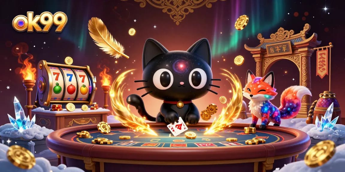 ok99 attracts players with a cosmic casino theme featuring a black hole cat and nebula fox.