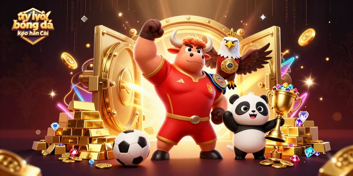 Tỷ lệ bóng đá kèo nhà cái illustrated with dynamic sports betting elements and vibrant casino characters.