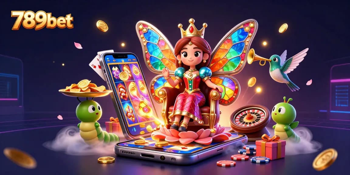 Win big with 789bet in this vibrant illustration featuring a butterfly queen and casino elements.