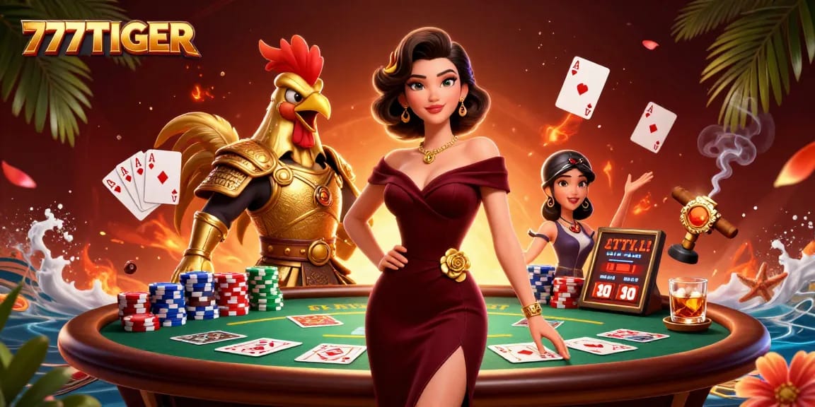 Experience thrilling action with 777TIGER at this vibrant casino illustration featuring poker elements.