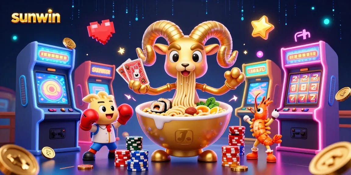 Play and win big with sunwin in this vibrant casino scene featuring arcade games.