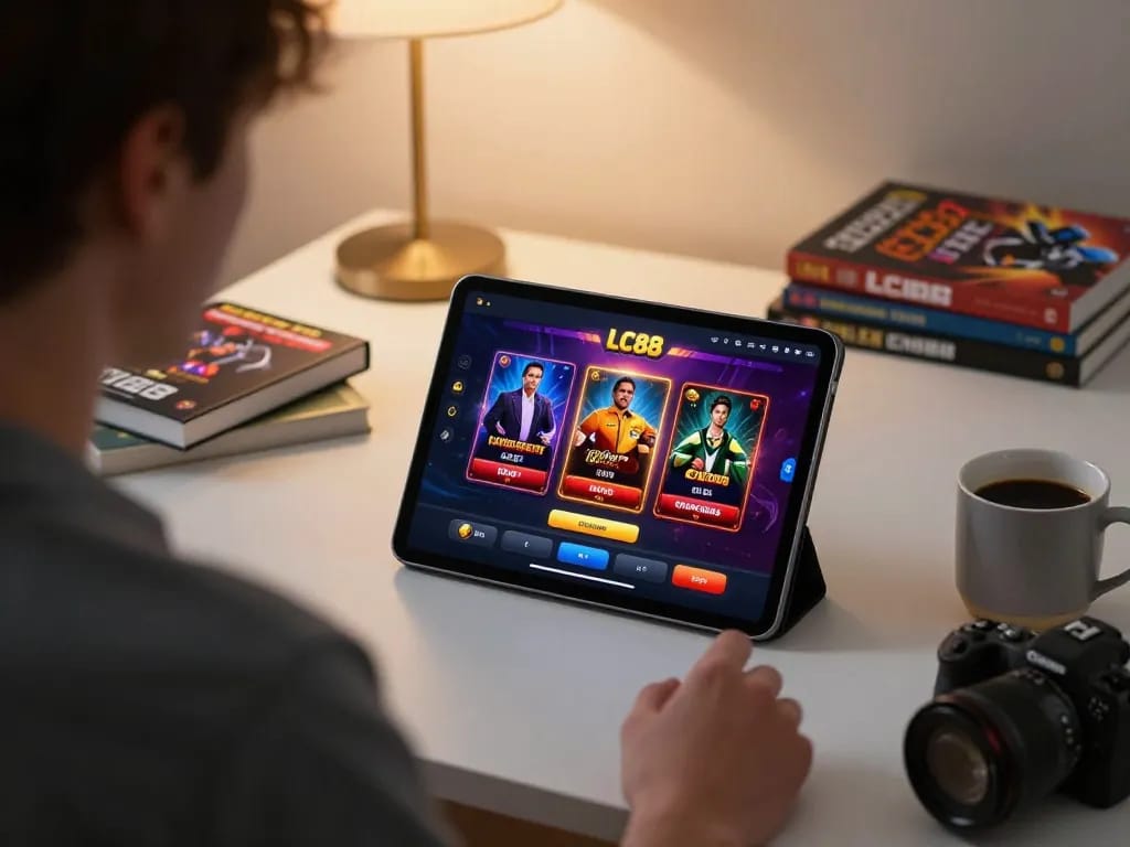 Engaging in online casino gameplay on LC88 app with a cozy setup and strategic focus.