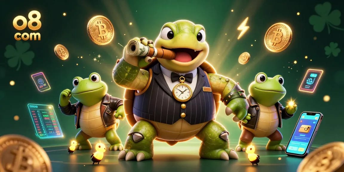 Experience wins at o8 com with this dynamic casino illustration featuring a cartoon turtle and cash elements.