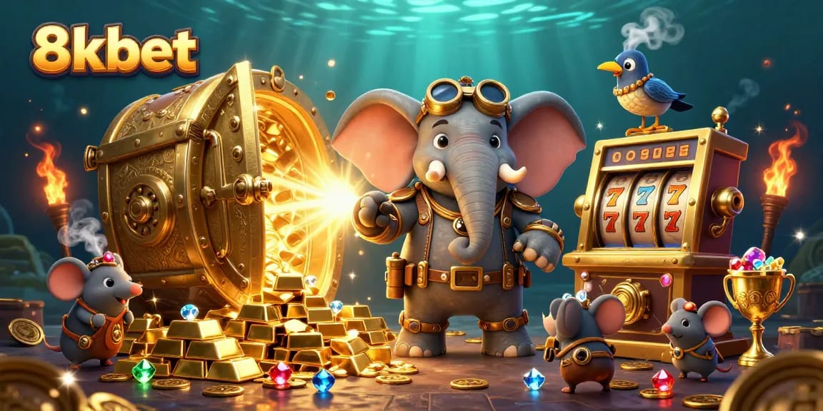 Spin and win at 8xbet with the colorful steampunk elephant operating a gold slot machine.