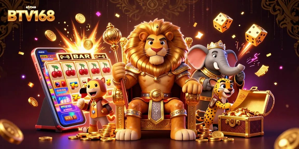 BTV168 players enjoying vibrant 3D casino scene with a lion king, slot machines, and gold treasures