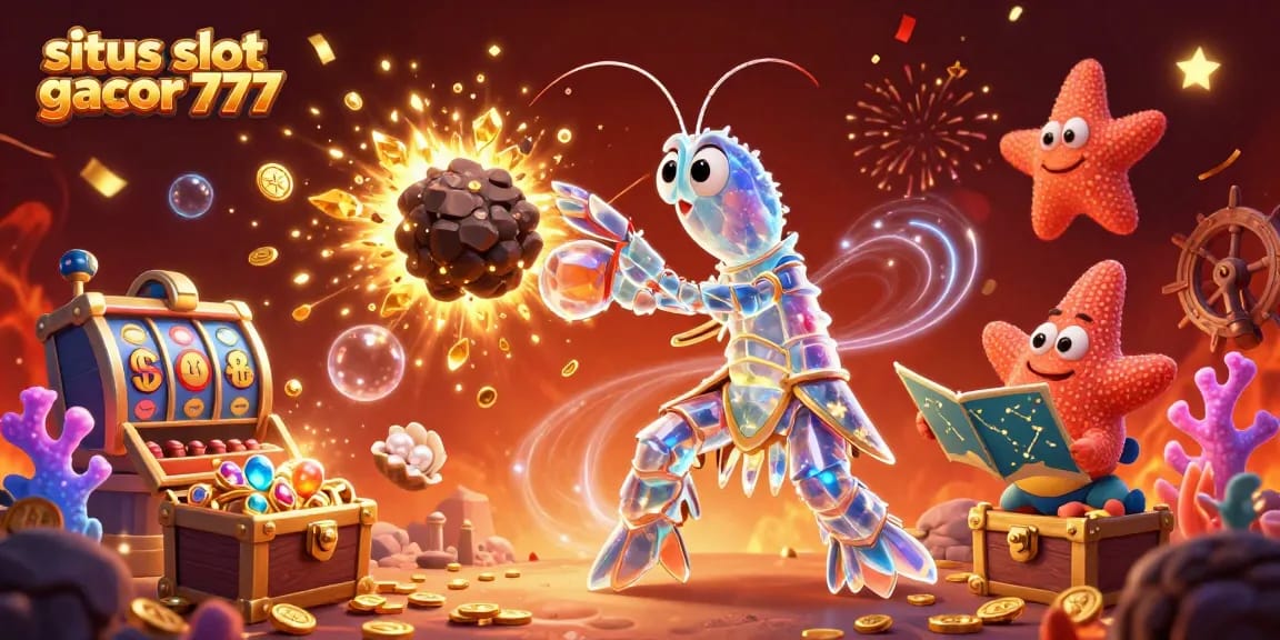 Situs slot gacor 777 showcases a vibrant 3D scene with a mantis shrimp and starfish amidst slot reels, gems, and gold coins.