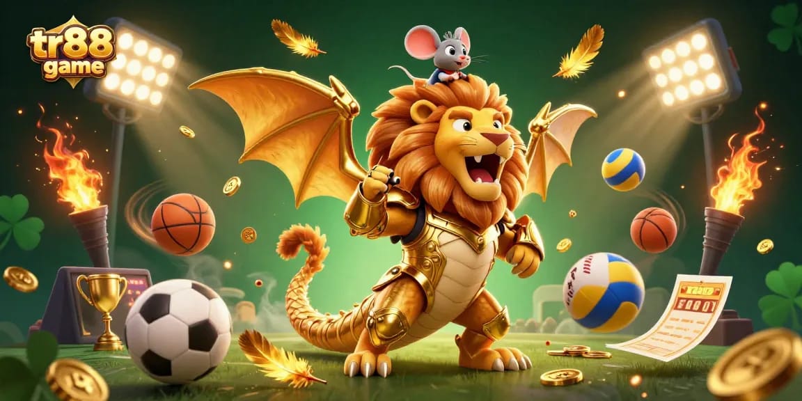 Engage with exciting tr88 game as a chimera hero, topped with a brave jockey in a dynamic casino scene.