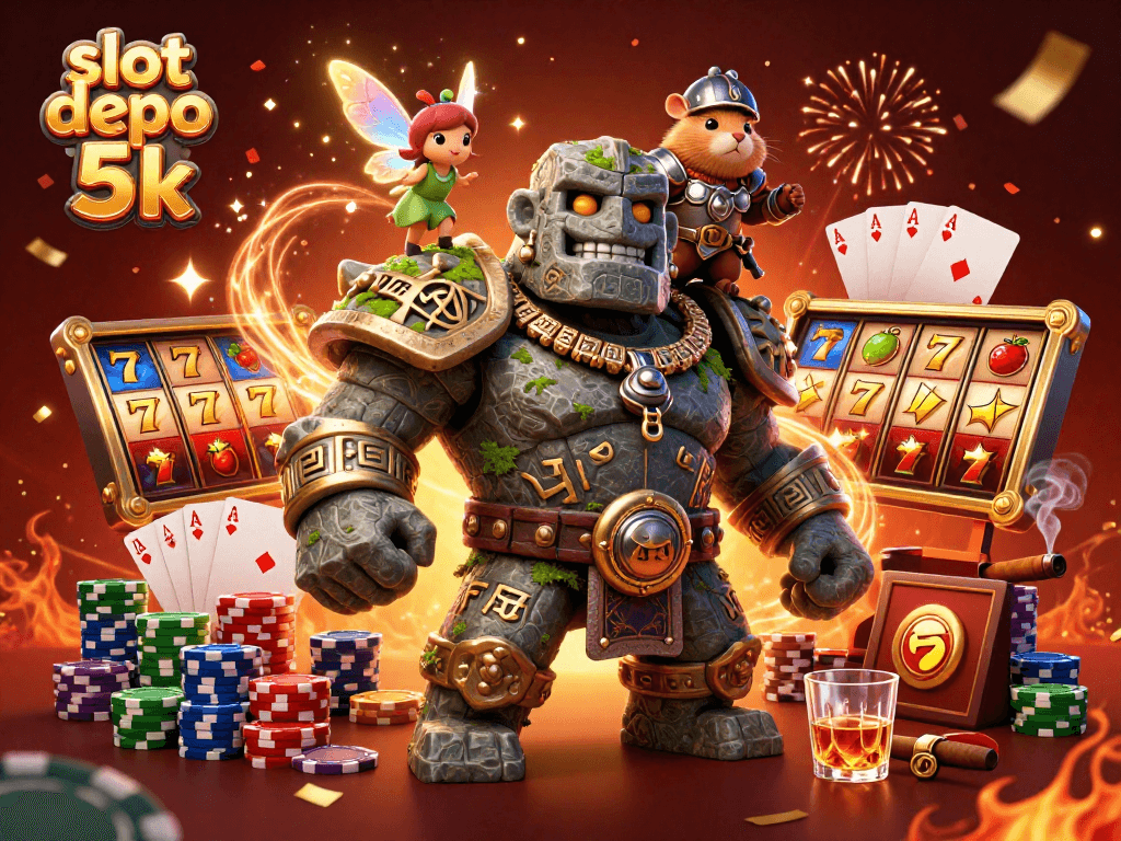 Experience the thrill of slot depo 5k with dynamic characters, jackpot symbols, and vibrant casino elements.