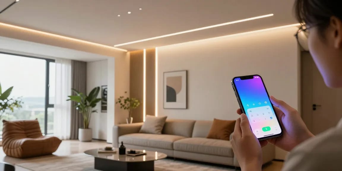 Aplica LED utilizată în iluminatul interior, arătând setări personalizate pentru stilul de viață modern.