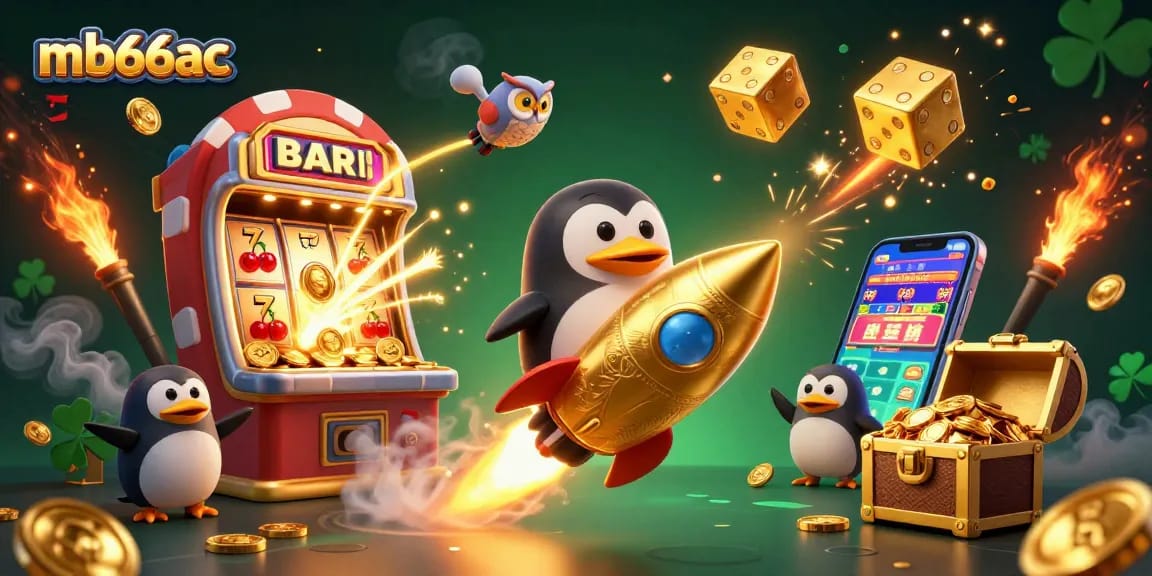 Engage in exciting gambling adventures with mb66ac featuring a golden penguin and jackpot explosion.