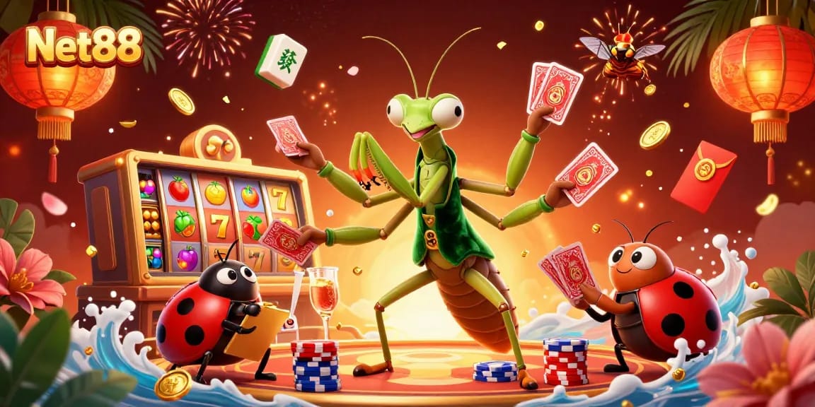 Experience the thrill of Net88 casino games with a vibrant 3D illustration featuring slots and dynamic characters.