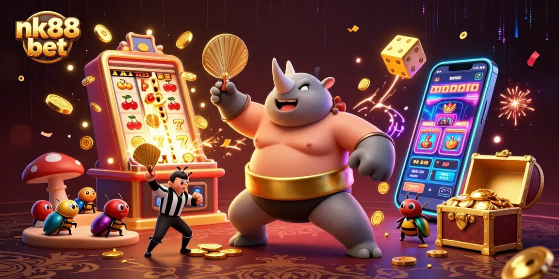 Experience nk88 bet excitement with a dynamic 3D casino scene featuring a sumo beetle, golden coins, and thrilling game elements.