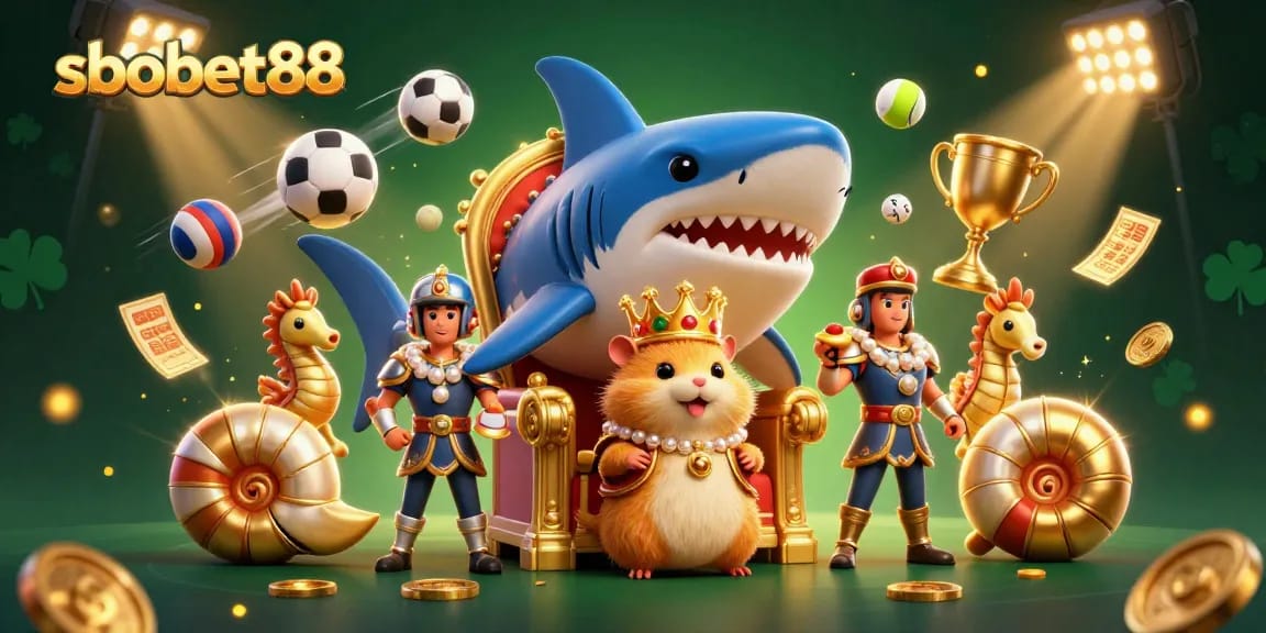 Bet on sbobet88 with a dynamic scene showcasing a golden hamster king and sports elements.