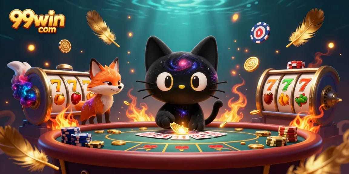 Engage in thrilling action at 99win com with a cosmic casino scene featuring lively characters and golden riches.