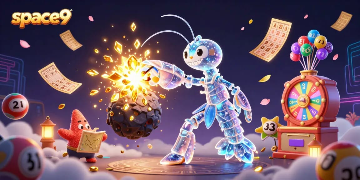 Engage with space9 gaming as colorful lottery balls fly across a vibrant online casino scene.
