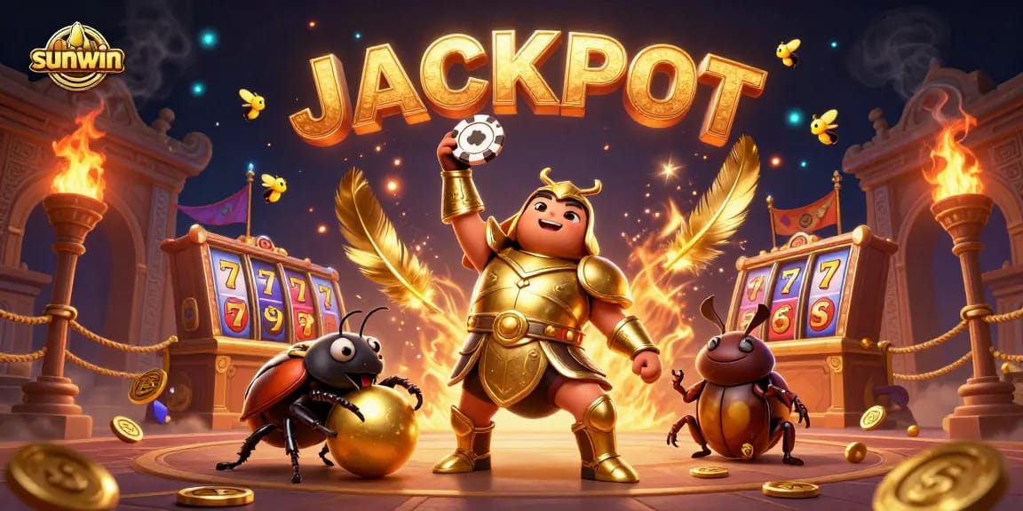Engaging scene showcasing sunwin-themed arcade with cartoon beetles and slot reels celebrating a big win.