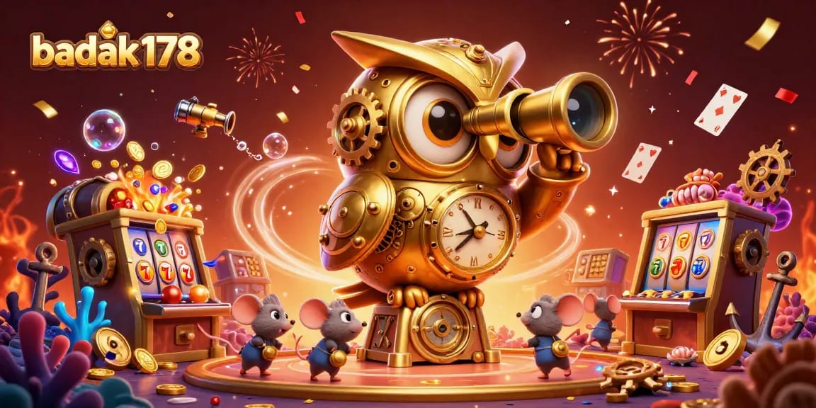 Engage with badak178's vibrant casino world featuring a golden owl and lively game elements.