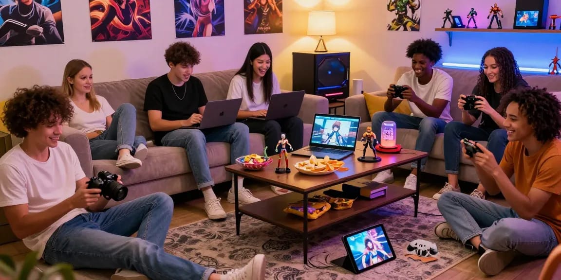 Friends enjoying a lively gaming night playing hentai games in a cozy living room.
