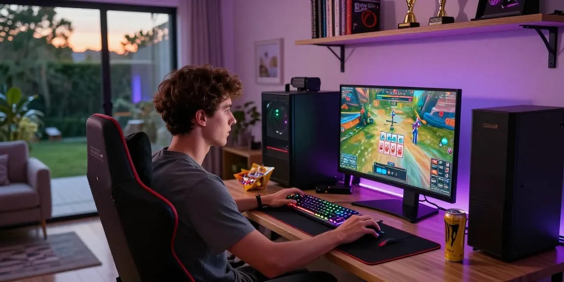 Rikvip gaming scene with player engaged at computer and vibrant RGB setup.