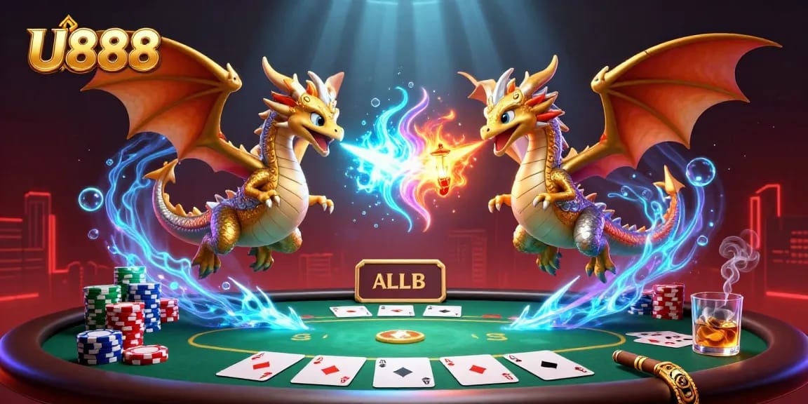 Experience thrilling gameplay at U888 with a vibrant scene of poker action featuring dragons and game elements.