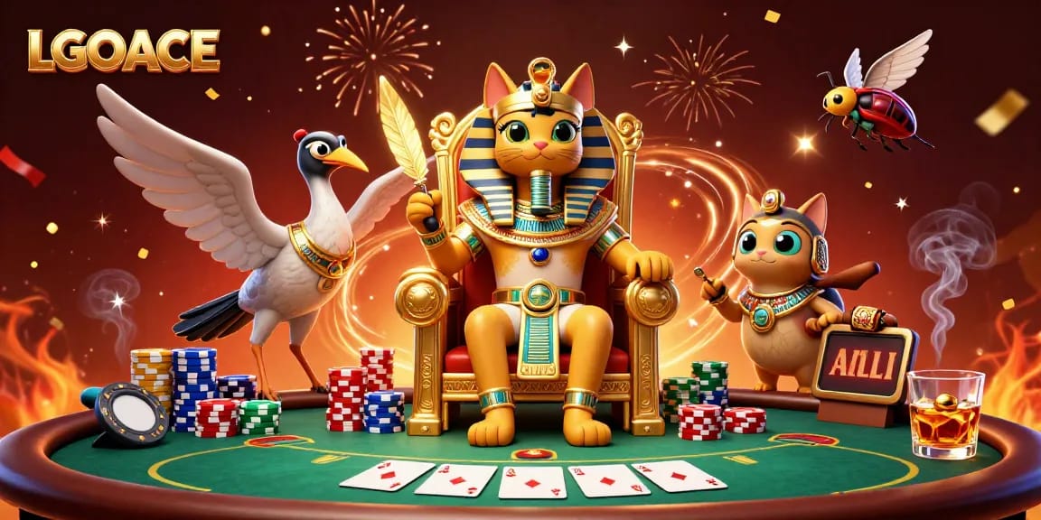 LGOACE showcases an Egyptian pharaoh cat character enthroned, set in a vibrant casino scene with poker elements.