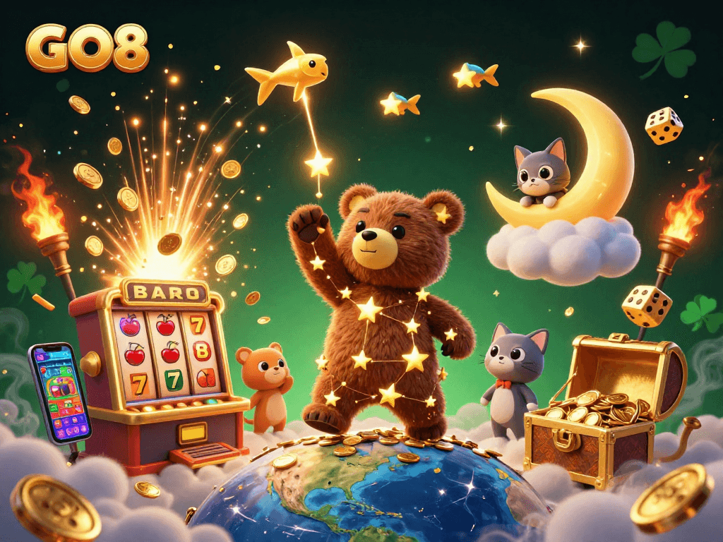 Experience GO8's vibrant casino world filled with golden stars and thrilling jackpots.