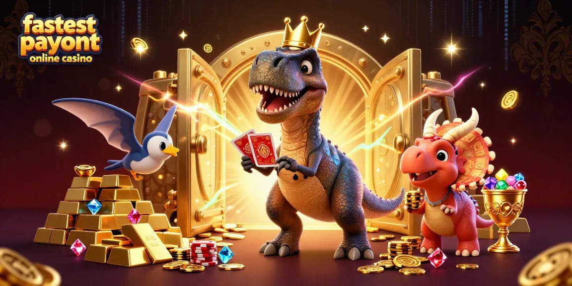 Join the excitement at the fastest payout online casino with a T-Rex shuffling cards and a baby triceratops stacking chips.