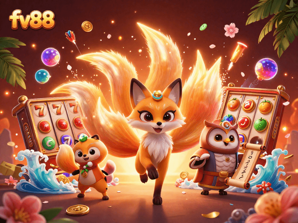 Win big at fv88 with a thrilling 3D illustration of a vibrant nine-tailed fox and lucky symbols.
