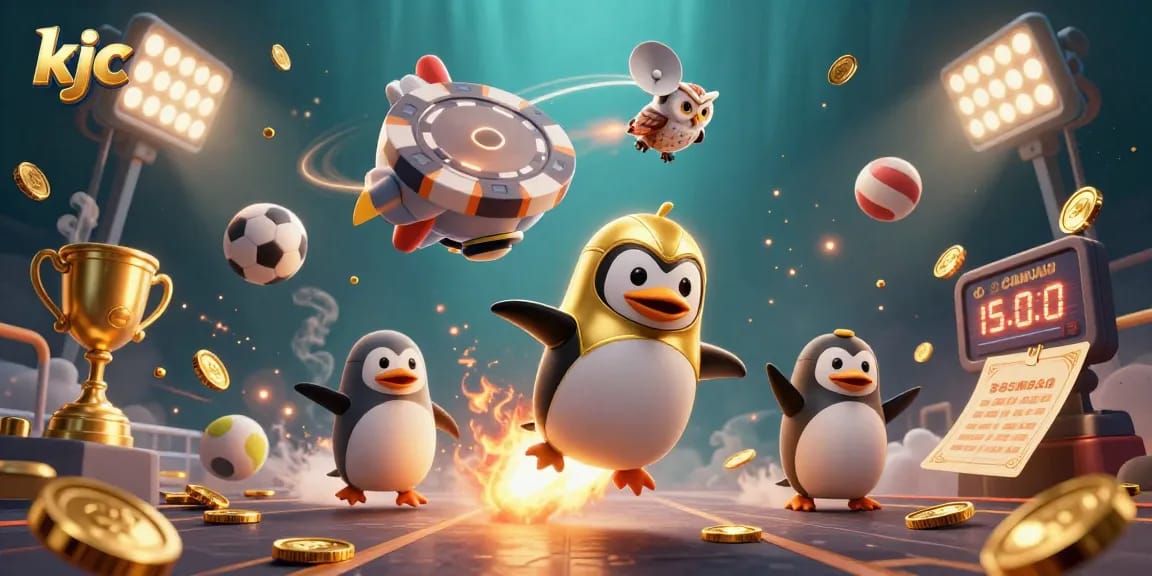 KJC engages players in thrilling gambling experiences with a golden penguin and dynamic sports elements.