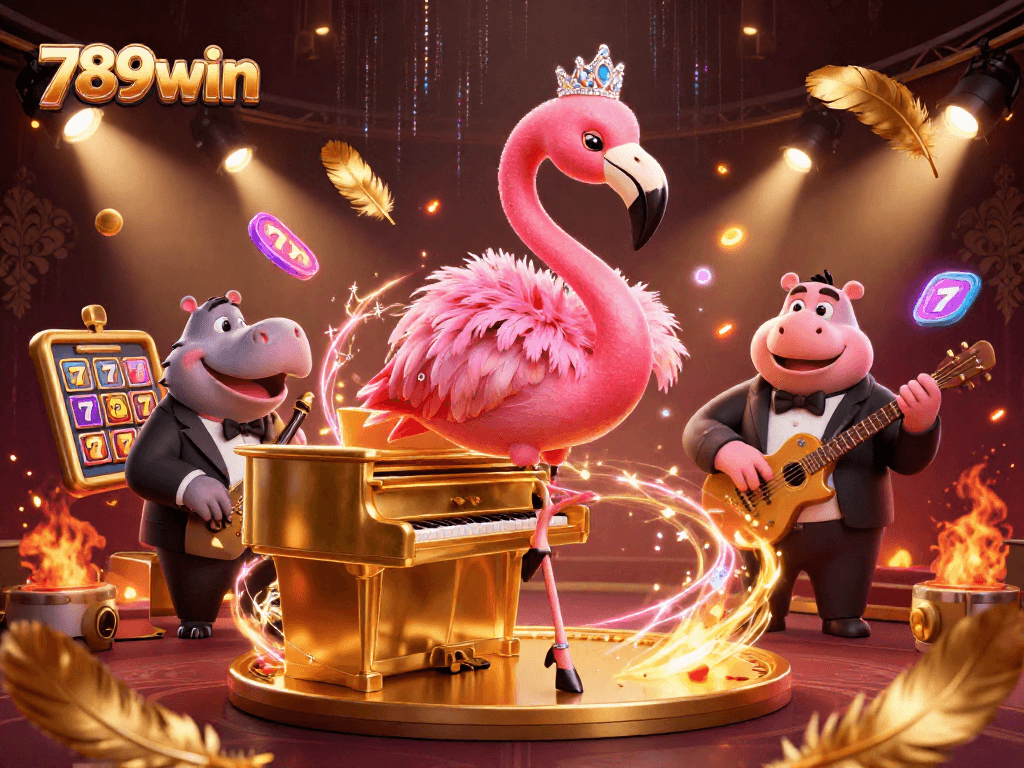 Experience dazzling fun at 789win with this vibrant 3D casino scene featuring a flamingo singer and hippo bassist.