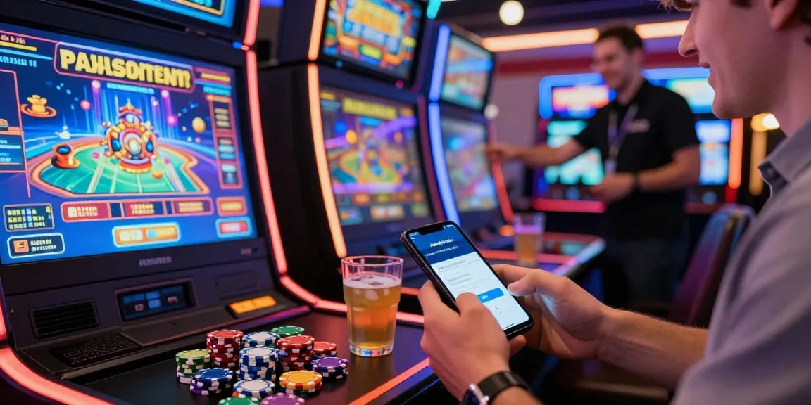 Spannende Paysafe Card Casino-Szene mit Spieler, der ein Smartphone für Transaktionen nutzt und bunten Spielautomaten.