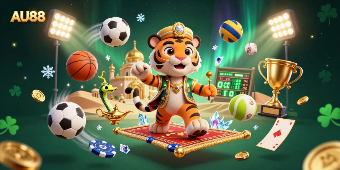 Engage in intense gaming adventures with AU88's captivating casino world featuring vibrant sport-themed elements.