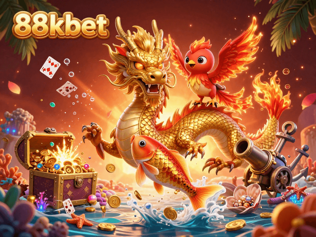 Experience thrilling gameplay at 88kbet with a vibrant scene featuring a glowing dragon, phoenix, and koi fish among treasure.