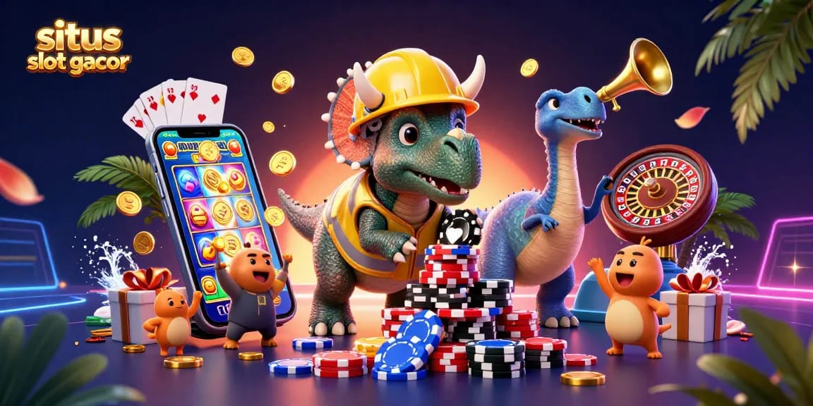 Enjoy winning with situs slot gacor, featuring a lively scene with casino elements and dinosaur characters.