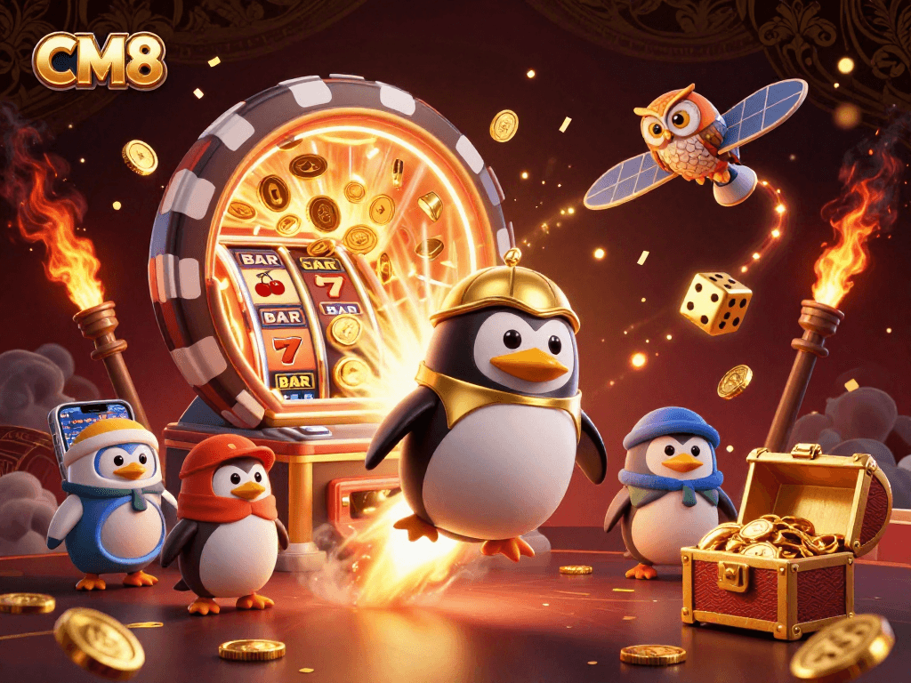 Watch the CM8 penguin soar through a dazzling casino cosmos, bursting with slots and fun!