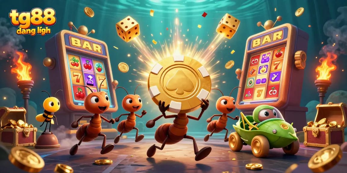 Engage with tg88 đăng nhập for a thrilling online casino experience with ants heisting a golden poker chip.