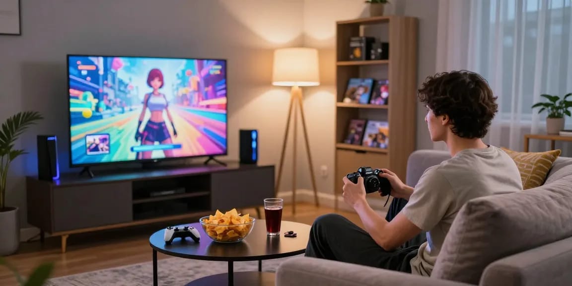 Cozy living room scene featuring a person playing a hentai game on TV with vibrant decor.