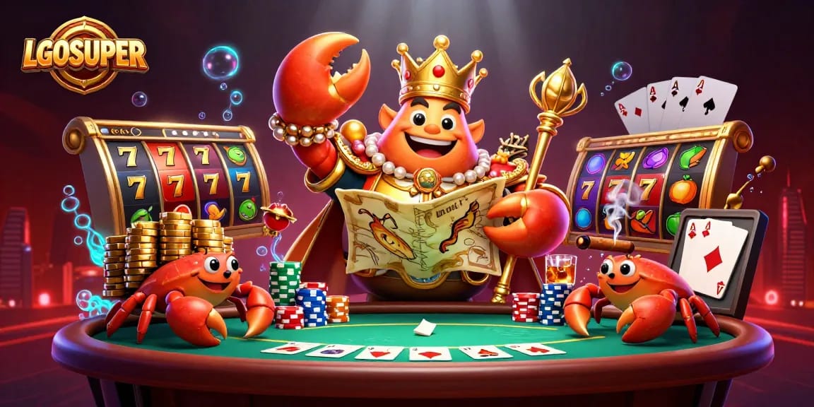 Experience the excitement of LGOSUPER with a golden crab emperor amidst slot reels and vibrant casino elements.