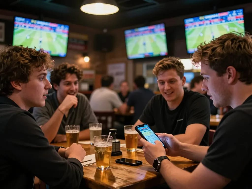Engaged bettor tracking odds and placing bets using keonhacaii smartphone app in a lively sports bar.